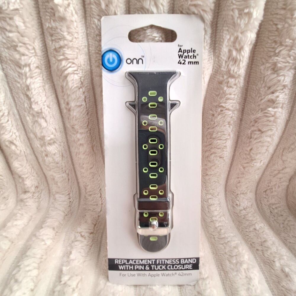 New-Onn Apple Watch 42mm Replacement Adjustable Band Black & Green Gym Fitness